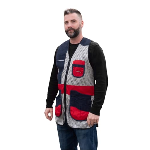 Wild Hare Shooting Gear Competition Sporting Vest, Suede Leather, Red/White/Blue (US, Alpha, 4X-Large, Regular, Regular, Right Handed, Red/White/Blue)