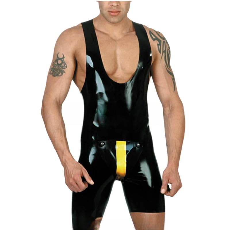 Black and Yellow Latex Catsuit with Stripes on Codpiece Rubber Body Suit Bodysuit