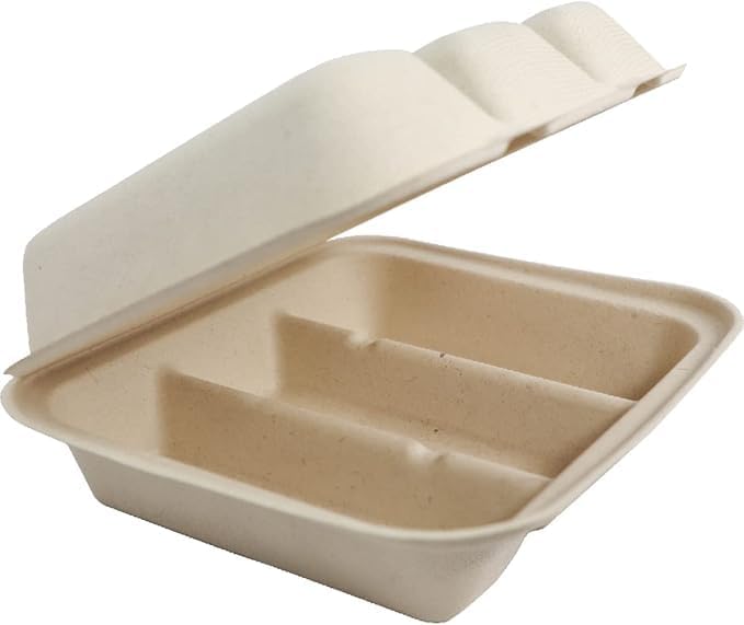 World Centric TO-SC-T39-LFS Plant Fiber 9.25 x 8 x 3 Equal Three Compartment Take Out Taco Box Container, PFAS Free, 300 per Case