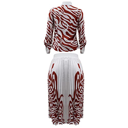 Women Zebra Floral Print 2 Piece Outfits Formal Button Down Shirt And Long Pleated Skirt Suiting Set Brown X-Large #TOP5