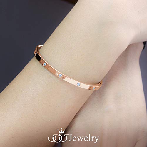 555Jewelry Womens Classic High Polish Stainless Steel Sparkling Cubic Zirconia Cz Hypoallergenic Fine Fashion Girls Jewelry Accessory Hinge Lock Love Cuff Bangle Bracelet, Pink Rose Gold #TOP1