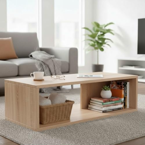 Image of FURLAY Aura Engineered Wood Coffee Table, Minimalist Matte Classic Oak Coffee Table - 80cm Center Table with Asymmetrical Open Storage & Sleek Geometric Design for Living Room (FWTC5-Classic Oak)
