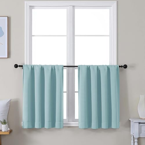 Image of Simplebrand Ava Aqua Short 24 Inches Blackout Curtain 2 Panels Set, Half Window Rod Pocket Privacy Curtain Tiers for Kitchen, Curtains Blackout for Bathroom Shades, W30 x L24 Inch, Aqua
