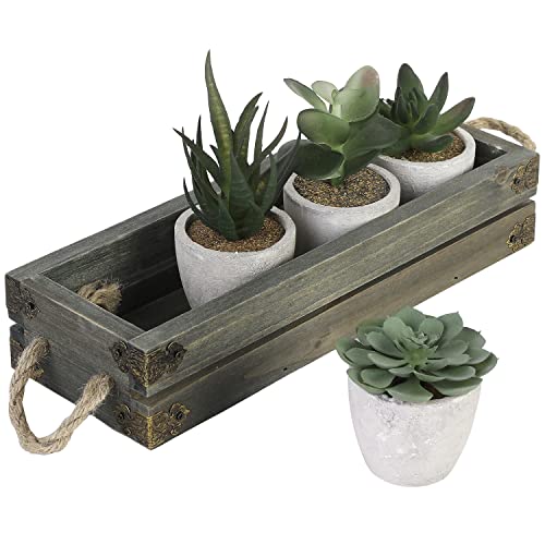 Mygift 5 Piece Artificial Plant Display Set, Mini Assorted Faux Succulents, Indoor Fake House Plants In Concrete Planters With Gray Wood Crate Style Window Box And Rope Handles #TOP22