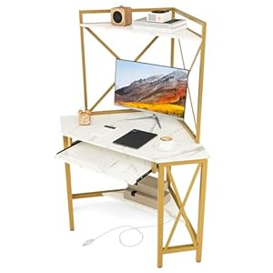 Tangkula Corner Desk with Hutch & Charging Station, Space-Saving Computer Desk with Shelves & Keyboard Tray, Triangle Home Office Desk with Metal Frame, Corner Desk for Small Space