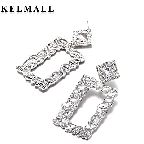 Crystals Rectangle Geometric Dangle Earrings, Rhinestone Statement Drop Earrings For Women Kelmall Collection #TOP3