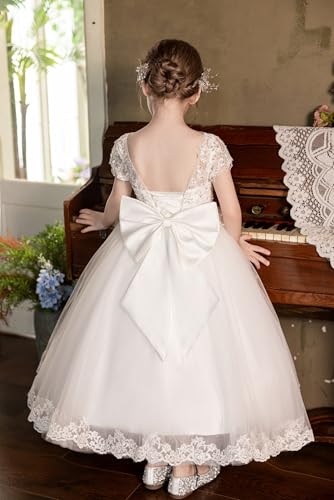 Ruffle Tulle Princess Pageant Dress Sparkly Sequin Flower Girl Dress Lace Applique First Communion with Bowtie4