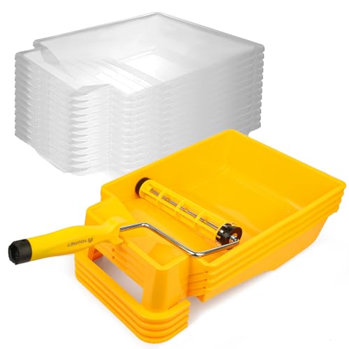VOOMEY 9 Inch Foot-Operated Paint Tray，Paint Roller Frame,12 Pcs Paint Tray Liner with 4 Set Paint Roller Trays，House Painting Supplies