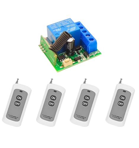 Image of Roboway 433MHz 1-Channel RF Relay Receiver with EV1527 2-Button Remote | Universal Wireless Remote Control Switch for Lights, Fans, Garage Door, Home Automation (4 Remote and 1 Receiver)