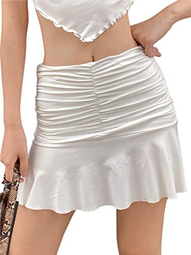 Women Sexy Ruched Ruffle Skirt Girls Stretch Wave Mini Skirt Tennis Skater Short A-Line Dress (White, S)