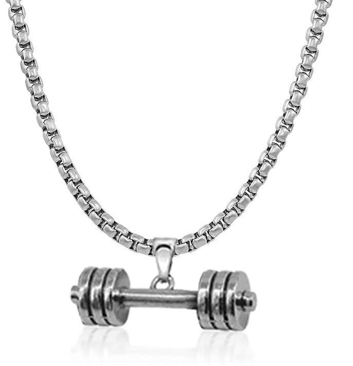 Uniqon Silver Unisex Fancy & Stylish Metal Stainless Steel Weightlifting Fitness Gym Bodybuilding Sports Dumbbell Barbell Locket Pendant Necklace With Box Chain (B0B8SJVS2X) Amazon Price History, Amazon Price Tracker