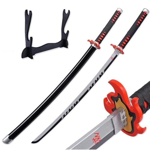 EXCELCHOICE Demon Slayer Fire God Kamado Tanjiro Katana/Sword Toy 104cm Life Size - Bamboo Wood Tanjiro Kamadoo Anime Katana Rengoku X Tanjiro Silver Blade 2024 (Double Layer Stand Included)