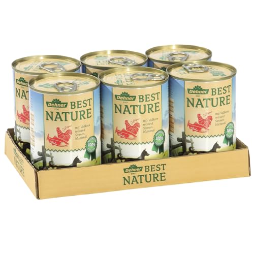 Dehner Best Nature Hundefutter, Nassfutter getreidefrei, für ausgewachsene Hunde, Lachs / Geflügel / Reis, 6 x 400 g Dose (2.4 kg)