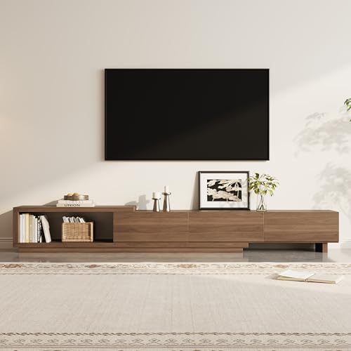 Homary Meuble TV Blanc et Noyer Moderne Console Rétractable et Extensible à 3 Tiroirs (Noyer Clair)