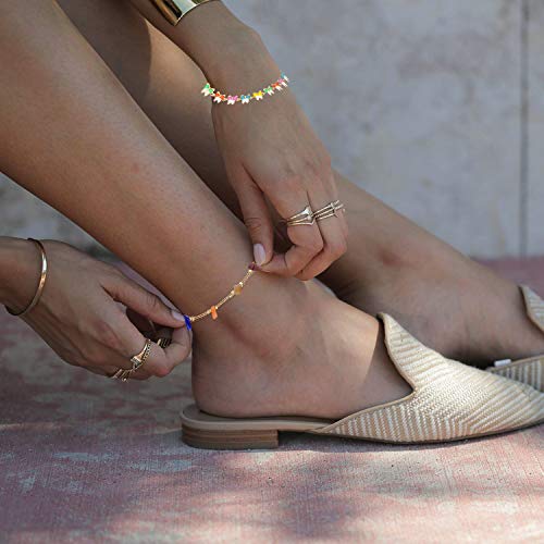 Image of Boho Beaded Ankle Bracelet Beach 18 K Gold Plated Anklet Bracelets Handmade Colorful Seed Beads Butterfly Evil Eye Heart Link Chain Anklet Pack Cute Summer Foot Jewelry for Women