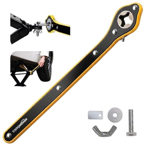 Image of Amazon Basics Labor Saving 13 Inch Car Jack Ratchet Wrench| 360 Forward & Reverse Knob| Conversion Head Included | Curve Handle Car Lift Tool For Scissors Jack | Heat-Treated Steel Ratchet Lug Wrench
