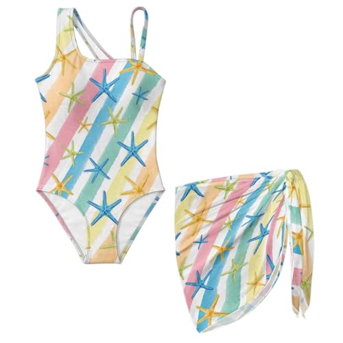 Noteligou Striped Starfish Girls One Piece Swimsuit Size 16-18 Bathing Suit with Matching Cover Up Skirt Adjustable Halter Neck Strap Quick Dry for Coastal Vacation Tide Pool