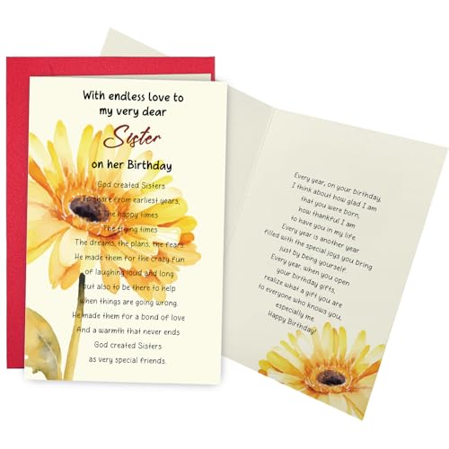 Ogeby Heartfelt Sister Birthday Card for Her, Poem Sunflower Themed Bday Card for Sisters, With Endless Love To My Very Dear Sister On Her Birthday