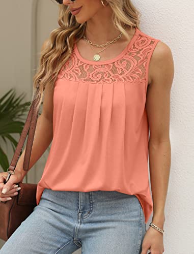 Image of Saloogoe Summer Tank Tops for Women Loose Fit Pleated Tunics Scoop Neck Sleeveless Lace Tops Curved Hem Flowy