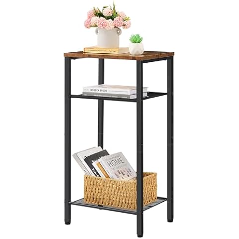 Hoctieon 3 Tier End Table, Telephone Table, Narrow Side Table with Storage, Nightstand for Small Spaces, Metal Frame, For Living Room, Bedroom, Sofa Couch, Hall, Easy Assembly, Rustic Brown Cover