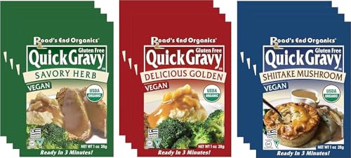 Image of Roads End Organics Gravy Variety Pack ~ Includes (4) Shiitake Mushroom Gravy Mix, 1 Oz, (4) Savory Herb Gravy Mix, 1 Oz and (4) Golden Gravy Mix, 1 Oz ~ Gluten Free, Vegan Gravy Mix Packets