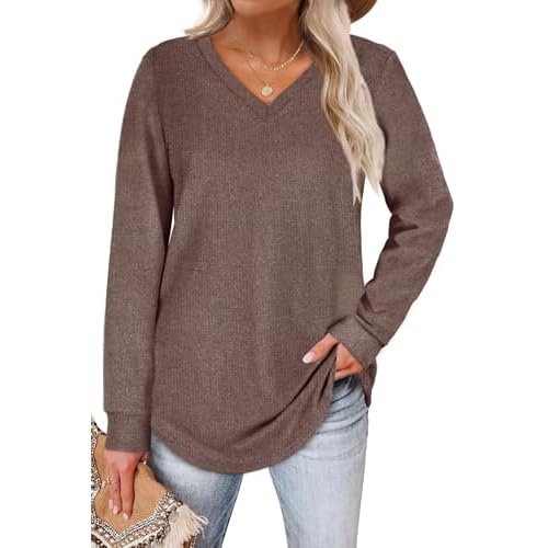 WIHOLL Sweaters for Women V Neck Long Sleeve Shirts Loose Casual Tops