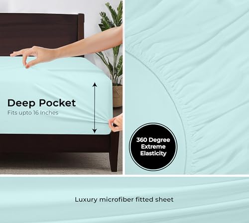 Image of Royale Linens Fitted Sheet Twin - Ultra Soft 1800 Brushed Microfiber - Hotel Luxury Bottom Sheets - Wrinkle Free & Fade Resistant - Deep Pocket Fitted Sheet Only (Twin, Aqua)