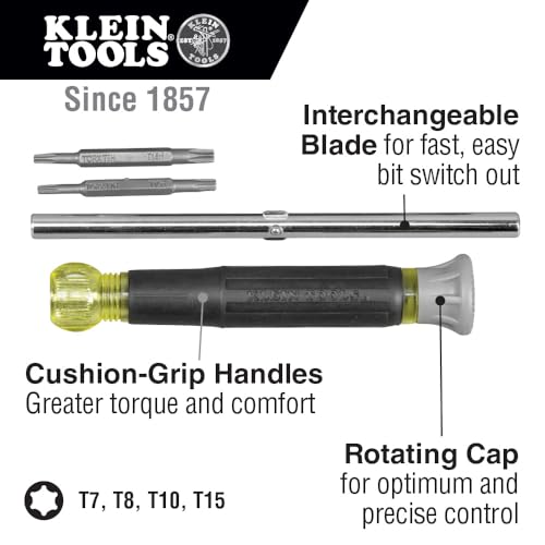 Image of Klein Tools 32585 Multi-bit Precision Screwdriver Set, 4-in-1 Electronics Screwdriver with Industrial Strength TORX Bits, Spin Top