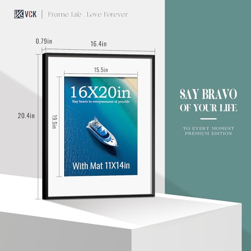Image of VCK 16x20 Picture Frames Black Metal, Real Glass, 11x14 Mat, for Poster