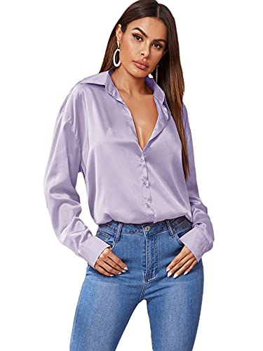 SOLY HUX Women's Satin Silk Long Sleeve Button Down Shirt Formal Work Blouse Top Lilac Purple S