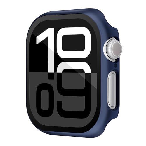 Image of Case Compatible with Apple Watch Series 10 46mm PC Bumper with Tempered Glass Screen Protector Matte Solid Color Hard Cover (Midnight Blue, 46mm)