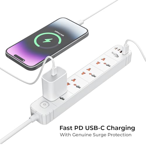 Image of OTEK Extension Board Power Strip 4 Universal Sockets 2 USB Type A 2 Type C Ports 2 Meter Cord 2500W 10A Surge Protector Fire Resistant ABS Body White for Home Office