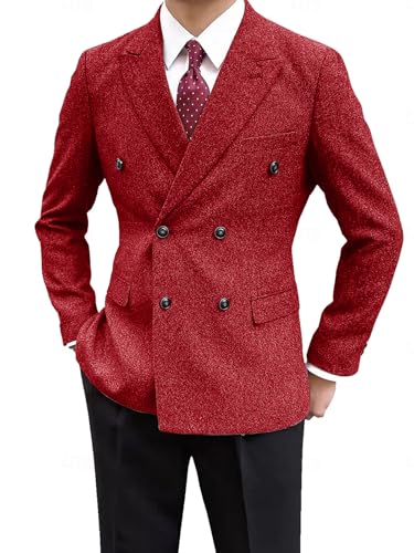 Men's Vintage Tweed Jacket Blazer Two Buttons Double Breasted Sports Coat with Pockets Wedding Groomsmen Prom