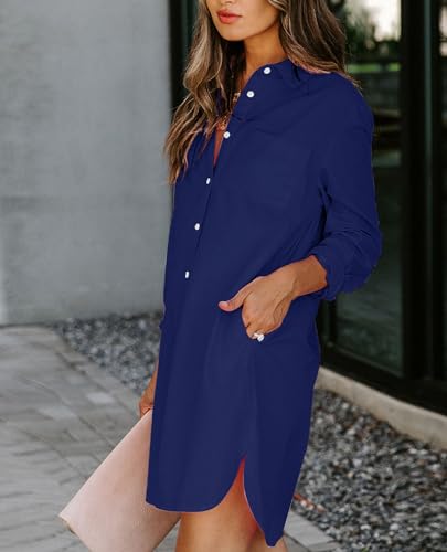 Image of Aoudery Womens Button Down Shirt Dresses with Pockets Cotton Button Up Tunics Long Sleeve Solid High Low Blouse Tops