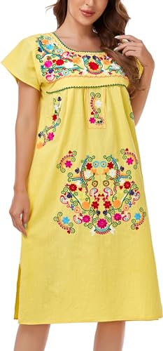 Image of YZXDORWJ Women Mexican Embroidered Long Dress Ruffle Collar Maxi Boho Floral Summer Short Sleeve