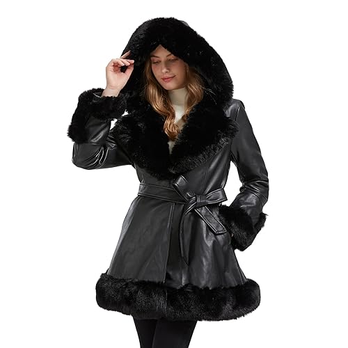 Faux Leather Jacket for Women with Faux Fur Collar Long Sleeve Parka with Pockets Warm Winter Coat with Belt4