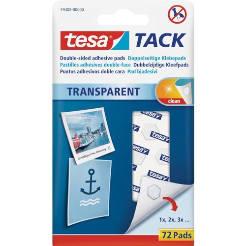 tesa Çift taraflı yapışkan pedler TACK / duvarlara, pencerelere ve aynalara asmak için şeffaf yapışkan bant / 1 x 72 ped