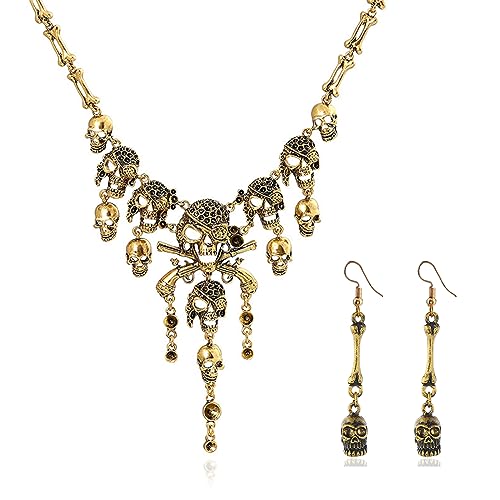 Halloween Skeleton Necklace Earrings for Women Pirate Skull Tassel Necklace Halloween Jewelry