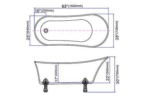 63 Inch Acrylic Clawfoot Bathub, Elegant Oval Slipper Tub, Traditional Soaking Tub With Claw Feet, Chrome Drain, Without Overflow, Black Color (C-Dk-1675B) #TOP3