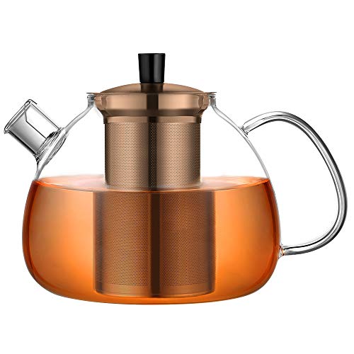 ecooe Tetera de Vidrio Bronce Tetera 1500ml con Colador de Acero Inoxidable Extraíble Jarra de Vidrio para Té Suelto…