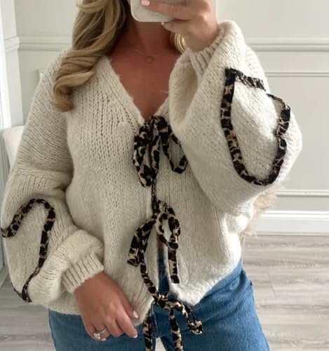 Women’s Tie Knot Leopard Heart Print Knit Cardigan Oversized V Neck Open Front Bandage Sweater Trendy Fall Knit Outwear2
