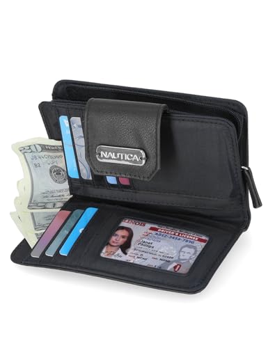 Image of Nautica Womens, Close Reach Vegan Leather RFID Wallet, Small Credit Card Holder Purse with Zipper Coin Pocket and ID Window in Black