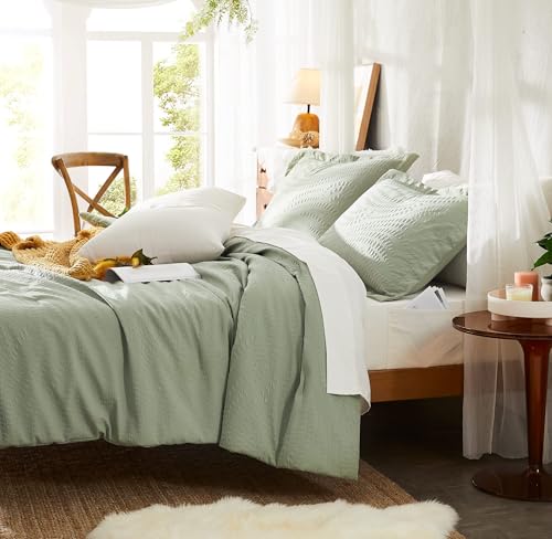 Image of Geniospin Full Size Comforter Set - 7 Pieces Textured Sage Green Bedding Sets, Boho Shabby Chic Comforter Set, All Season Comfortable Bed in a Bag with Comforter, Sheets, Pillowcases & Shams