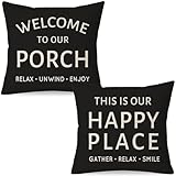 HERHOME Outdoor Farmhouse Decorative Throw Pillow Covers 18x18 Inch Set of 2 Welcome to Our Porch This is Our Happy Place Black and White Cushion Case Decoration for Patio Furniture Couch Decor