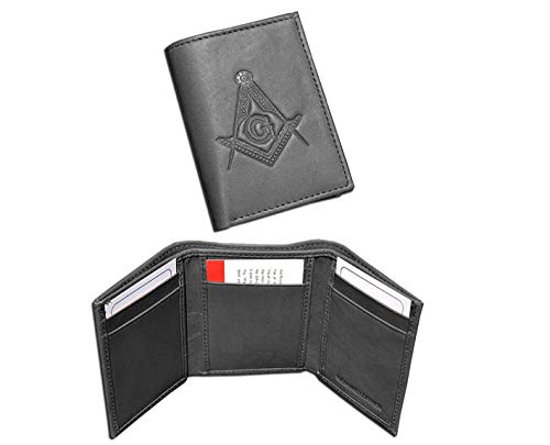Masonic Black Tri-Fold Leather Wallet with Large Masonic Compass and Square. Multiple pockets
