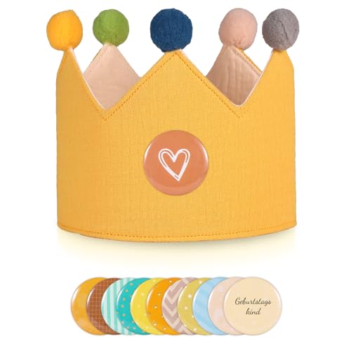 Birthday Crown Hat, with 0-9 Number Signs Cute Muslin Kids Birthday Crown Reusable Decorative Birthday Hat Party Supplies for Baby, Girls, Boys (Yellow)