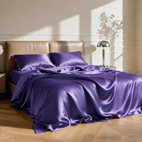 Image of Love's cabin Satin Queen Sheets Set - 4 Piece Purple Silky Bed Sheets Set with Deep Pocket, Luxury Silk Feel Satin Queen Size Sheet Set (1 Flat Sheet,1 Fitted Sheet,2 Pillow Cases)