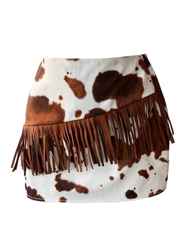 WDIRARA Women's Cow Print Fringe Asymmetrical Vintage Cowgirl Western Mini Skirt