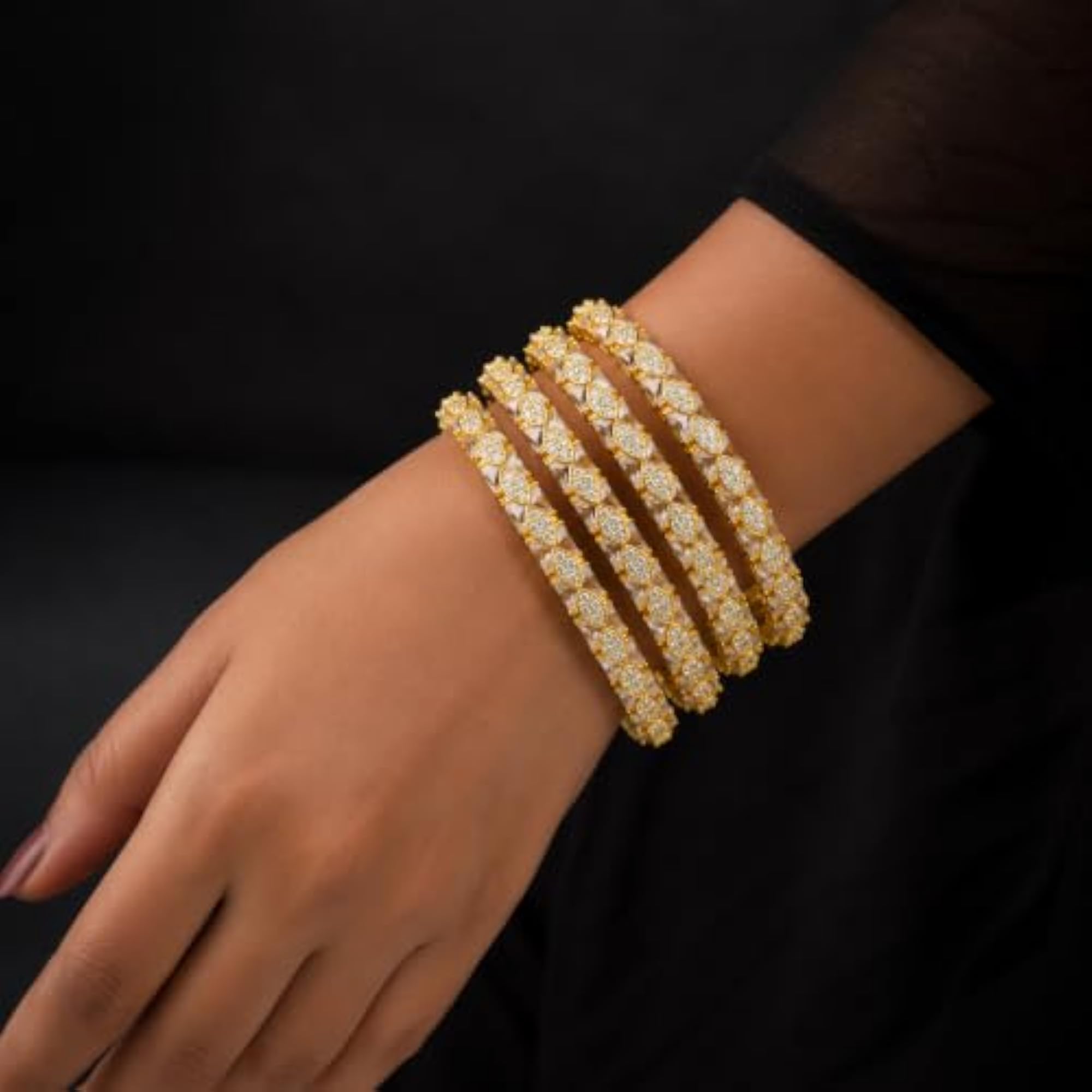 4pc Elegant Gold Finish White CZ Crystal Designer Bangles Set
