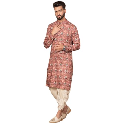 KISAH Men's Kurta Dhoti Set – Printed Cotton Blend Ethnic